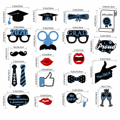 Graduation 2026 Photo Booth Props Kit Glitter Blue Black Paper Graduation Party Decorations School Celebration Photo Props