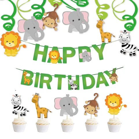 Decoraciones De Fiesta Cumpleaños Animales Selva Papel León Elefante Pancarta Remolinos Adornos Pastel Niños