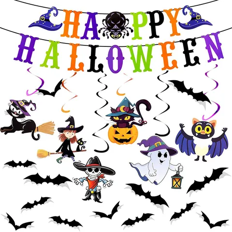 Halloween Party Decorations Happy Halloween Banner Colorful Spirals And Bat Wall Stickers For Home School Party Decor