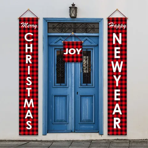 Christmas Porch Banner Hanging Sign Red Black Buffalo Check Merry Christmas Happy New Year Welcome Home Party Decoration
