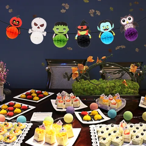 Halloween Guirlanda de Papel Nido Abeja Pancarta Calabaza Fantasma Vampiro Bruja Calavera Frankenstein Búho Decoración Fiesta
