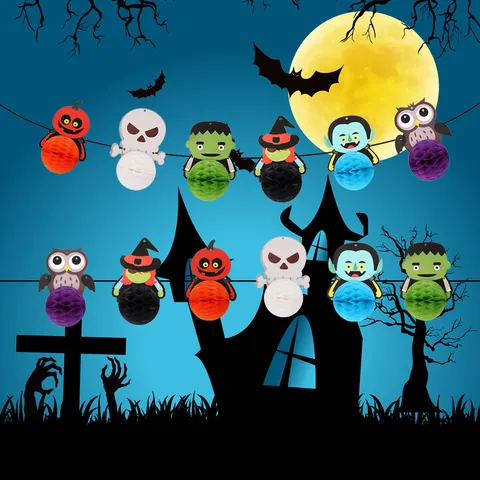 Halloween Guirlanda de Papel Nido Abeja Pancarta Calabaza Fantasma Vampiro Bruja Calavera Frankenstein Búho Decoración Fiesta