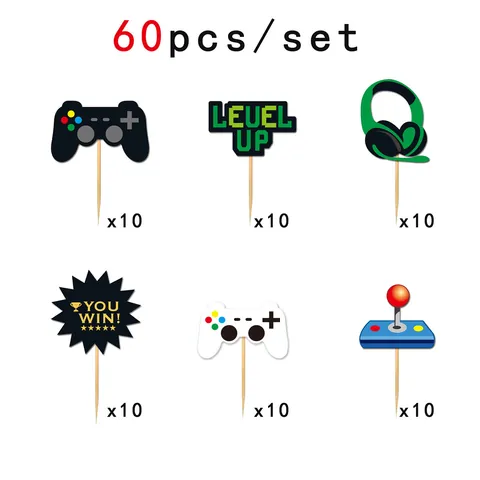 Game On Video Game Party Cake Toppers Game Controller Headphone Cupcake Inserts For Kids Birthday Party Decoration Supplies