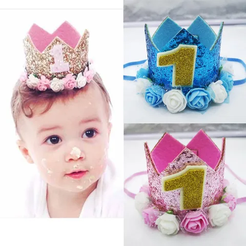 Kinder Geburtstagskrone Hut Mit Glitzerzahlen Und Künstlichen Blumen Für Baby Ersten Geburtstag Party Fotografie Requisiten