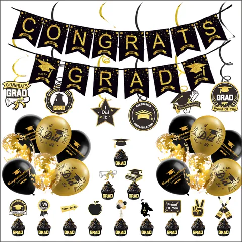Black Gold Graduation Party Decoration Set Congrats Grad Banner Latex Balloons Cupcake Toppers Spiral Hangings Graduation Ceremony Decor