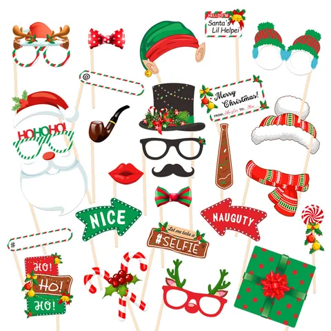 Christmas Photo Booth Props Santa Claus Reindeer Glasses Hats Signs For Holiday Party Decoration Accessories