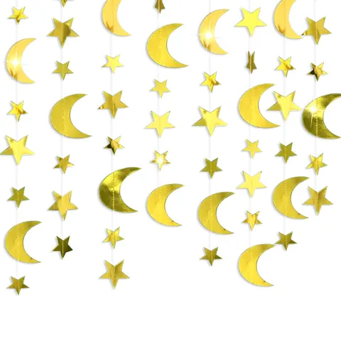 Mirror Star Moon Paper Garland Shimmering Reflective Moon Stars Ornaments Hanging Bunting Banner For Eid Party Home Decor