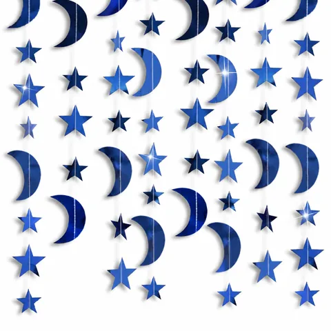 Mirror Star Moon Paper Garland Shimmering Reflective Moon Stars Ornaments Hanging Bunting Banner For Eid Party Home Decor