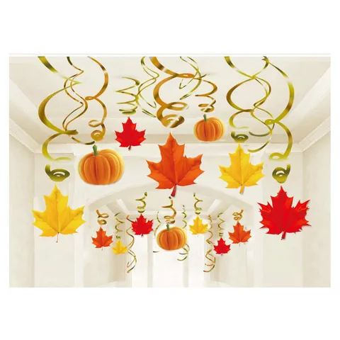 Thanksgiving Maple Leaf Pumpkin Hanging Swirl Decorations Gold Spiral Ceiling Streamers For Autumn Harvest Party Decor