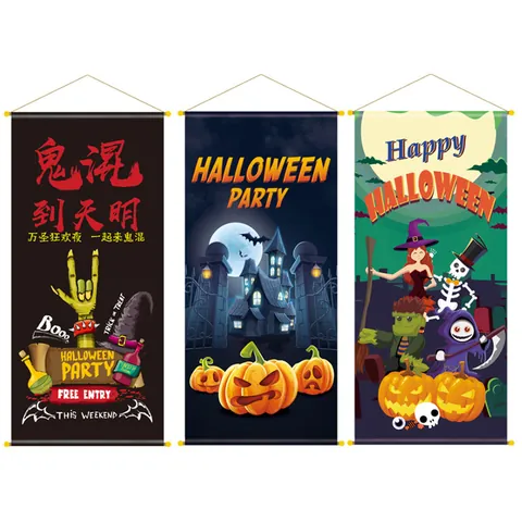 Halloween Κρεμαστό Πανό από Ύφασμα Κινούμενα Σχέδια Κολοκύθα Μάγισσα Σκιάχτρο Κάστρο Νυχτερίδα Διακόσμηση Πάρτι Αφίσα Τοίχου Για Σπίτι Γραφείο