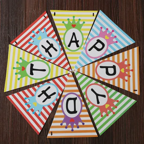 Colorful Crown Happy Birthday Bunting Banner Striped Polka Dot Paper Triangle Flags Party Decoration Hanging Supplies Kids Birthday Party Decor