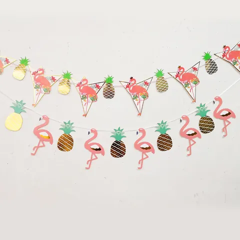 Tropical Flamingo Pineapple Birthday Party Banner Hawaii Summer Bunting Paper Garland With Bronzing Process For Decoration