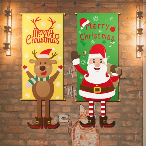 Striscione Appeso Natalizio Babbo Natale Renna Pupazzo di Neve Bandiera da Parete per Decorazione Festa Hotel Centro Commerciale