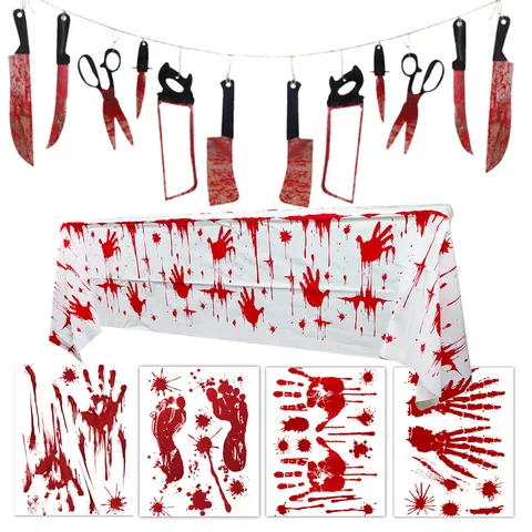 Halloween Horror Decoration Set Bloody Handprint Tablecloth Weapon Banner Balloons Stickers For Haunted House Party Props
