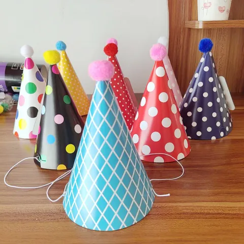 Mini Sombreros de Fiesta de Cumpleaños Con Pompones Sombreros de Cono de Papel para Niños Decoración Lunares Cuadrícula Rayas DIY Suministros