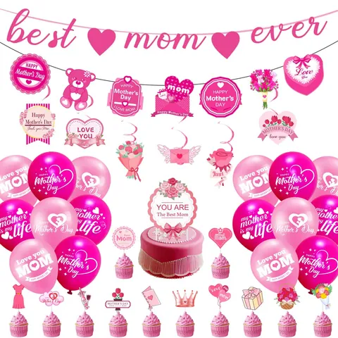 Mother's Day Party Decoration Kit Pink Latex Balloons Paper Banner Cake Toppers Spiral Swirls For Best Mom Ever Home Decor