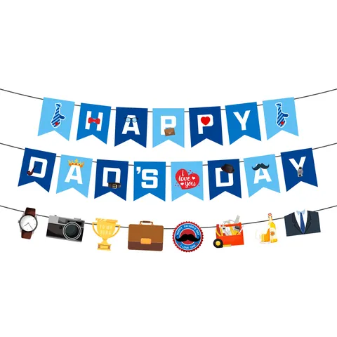 Blue Paper Father's Day Happy Dad's Day Banner Garland With Tie Mustache Trophy Icon Design For Party Home Celebration