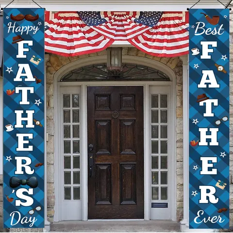 Father's Day Porch Banner Set Polyester Plaid Mustache Bow Tie Decorative Hanging Flag For Father Party Home Outdoor Decor