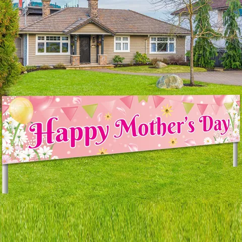 Happy Mothers Day Outdoor Banner Decorative Polyester Banner With Flowers Balloons For Yard Celebration Party Supplies