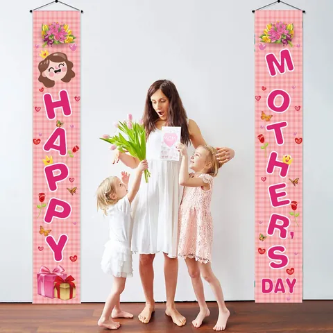 Happy Mother's Day Porch Sign Banner Decoration Polyester Floral Butterfly Door Hanging Flag For Home Party Celebration