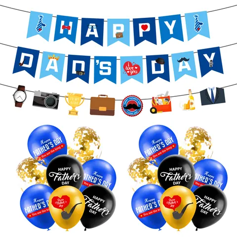 Happy Father's Day Party Decoration Banner And Latex Balloon Set Blue Paper Bunting Sequin Balloons For Dad Holiday Decor