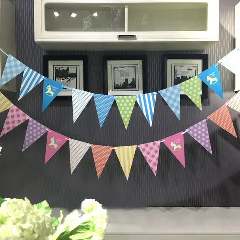 Trojan Horse Triangle Flag Bunting Paper Banner Happy Day Pull Flag For Children First Birthday Party Decoration