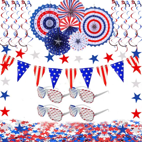 Patriotic American Independence Day Decorations Red White Blue Paper Fans Star Bunting Triangle Flags Hanging Swirls For July 4th Celebration