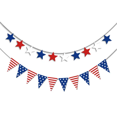 Independence Day Party Banner Paper Red White Blue Star Pennant Bunting For US National Day School Classroom Home Decoration