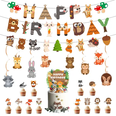 Woodland Animals Birthday Party Decoration Set Fox Hedgehog Raccoon Paper Pull Banner Garland Cake Topper Hanging Swirls Kids Forest Celebration