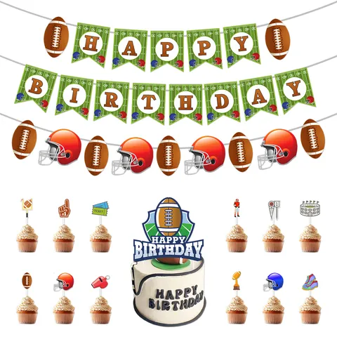 American Football Theme Birthday Party Decoration Paper Banner Cake Toppers Rugby Sports Theme Party For Kids Boys