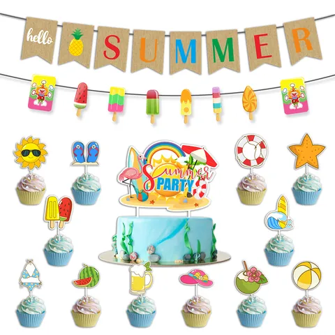 Summer Party Decoration Set Paper Burlap Banner Flamingo Pineapple Cake Toppers Tropical Beach Theme Birthday Supplies