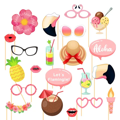 Hawaii Tropical Luau Party Photo Booth Props Flamingo Pineapple Floral Cardboard Handheld Props For Summer Beach Party