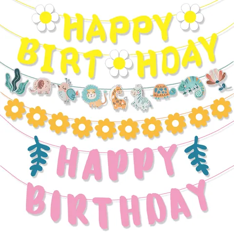 Happy Birthday Papier Banner Cartoon Safari Tier Gänseblümchen Sonnenblume Hängende Girlande Für Kinder Geburtstag Party Dekoration
