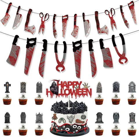 Halloween Horror Bloederig Mes Banner Grafsteen Taarttopper Papier Griezelige Feestversiering Halloween Evenementen Spookhuis Props