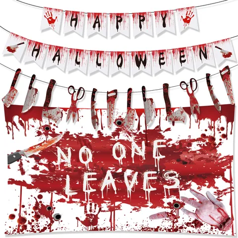 Halloween Horror Haunted House Decoration Bloody Handprint Banner Blood Knife Garland Polyester Backdrop Party Decoration