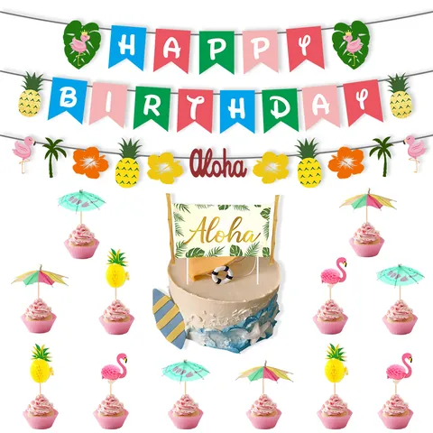 Hawaiian Flamingo Pineapple Birthday Party Decoration Banner Cake Topper Tropical Summer Beach Birthday Party Decorations Supplies