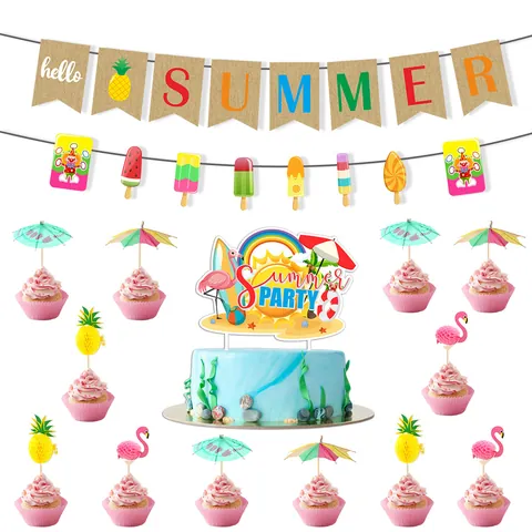 Hawaiian Flamingo Pineapple Birthday Party Decoration Banner Cake Topper Tropical Summer Beach Birthday Party Decorations Supplies