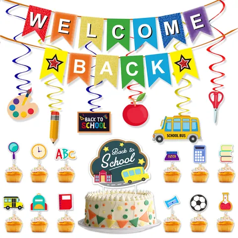 Back To School Party Decorations Set Banner Cake Toppers Spiral Hanging For Classroom Decor Welcome Back Party Supplies