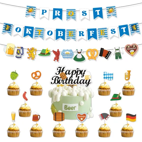 Oktoberfest Party Decoration Banner Cake Topper Cupcake Picks Hanging Spirals Bavarian Blue White Theme Party Supplies