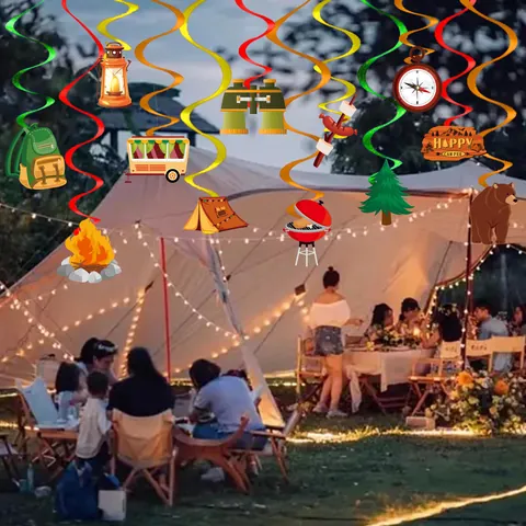 Decoraciones de Espiral Colgantes con Temática de Camping Papel PVC para Fiesta de Cumpleaños Picnic Decoración de Camping al Aire Libre Estilo de Dibujos Animados Con Carpa Fogata Oso