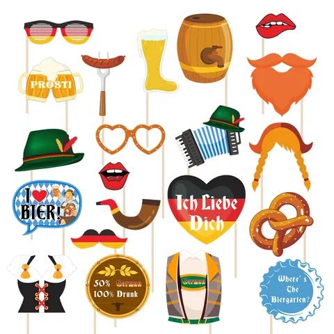 Oktoberfest Party Photo Booth Props Set Bavarian Style Paper Handheld Signs Beer Mug Pretzel Mustache For Celebration Decoration