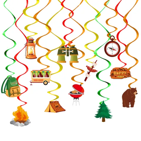 Decoraciones de Espiral Colgantes con Temática de Camping Papel PVC para Fiesta de Cumpleaños Picnic Decoración de Camping al Aire Libre Estilo de Dibujos Animados Con Carpa Fogata Oso