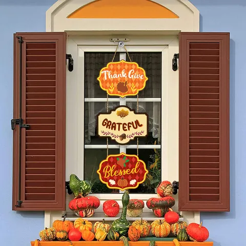 Panneau Suspendu en Carton d'Action de Grâce Dindon Citrouille Trois Couches Motif Grateful Blessed Décoration Fête Maison