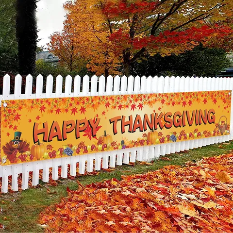 Large Thanksgiving Outdoor Banner Polyester Garden Yard Sign Happy Thanksgiving Turkey Pumpkin Autumn Harvest Party Decoration