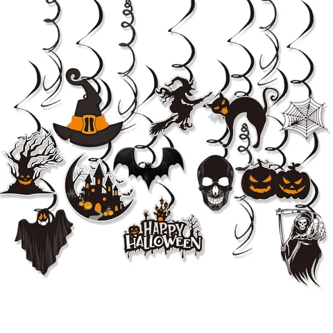Halloween Hanging Swirl Decoration Set Cartoon Ghost Bat Skull Pumpkin Spider Black Cat Party Ceiling Ornament Decor