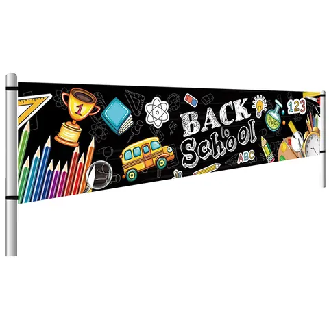 Large Outdoor Back To School Banner Polyester Welcome Back To School Backdrop Yard School Classroom Wall Decoration Cartoon Stationery School Bus Pattern Poster