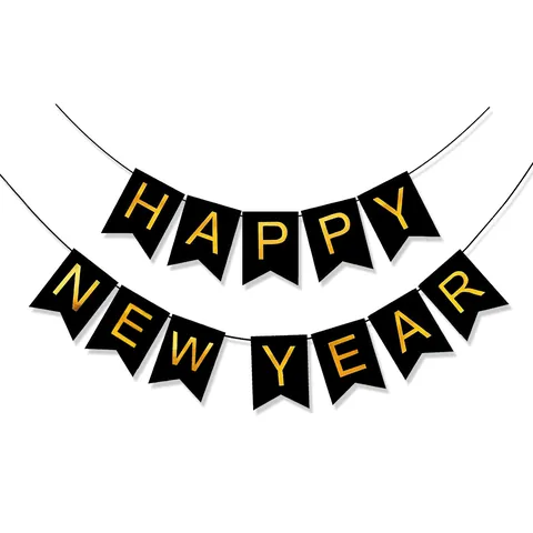 Happy New Year Banner Bronzing Black Gold Hanging Bunting Garland Party Decoration Festive Backdrop Celebration Supplies