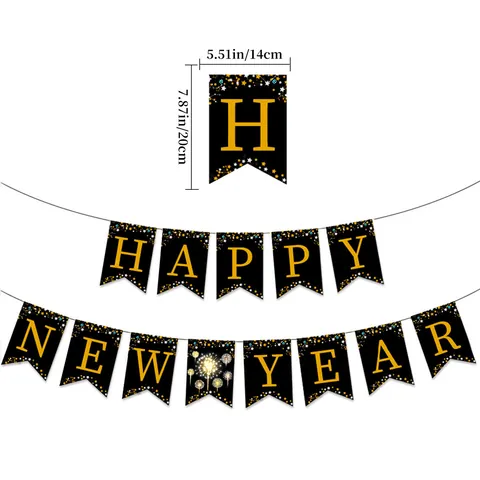 2026 Happy New Year Decorations Black Gold Fireworks Banner Star Circle Garland Hanging Swirls For New Year Eve Party