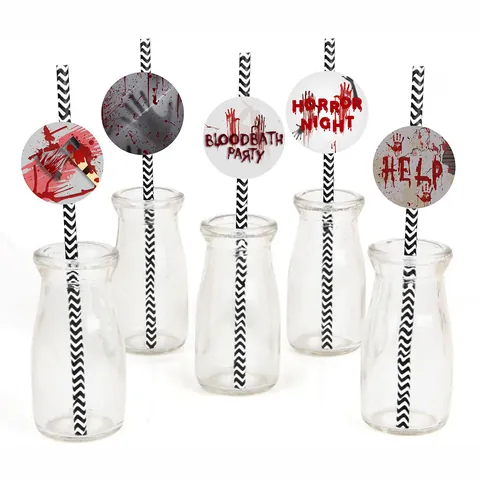 Halloween Bloederige Handafdruk Rietje Decoratie Set Horror Feest Papieren Rietjes Met Bloedspatten Wapens Kaarten