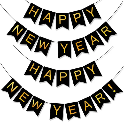 Happy New Year Banner Bronzing Black Gold Hanging Bunting Garland Party Decoration Festive Backdrop Celebration Supplies